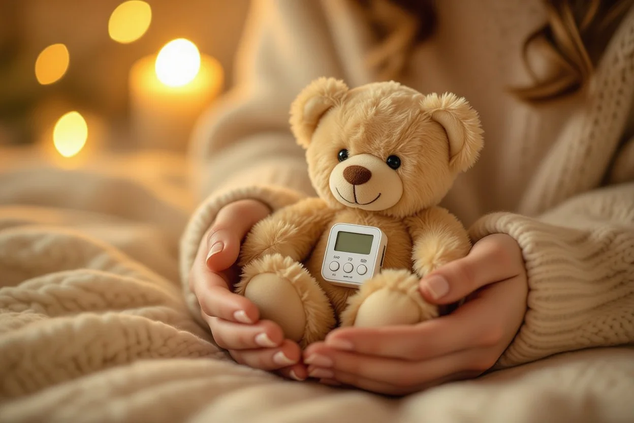 Hands holding whispering teddy bear romantic gift with voice message feature