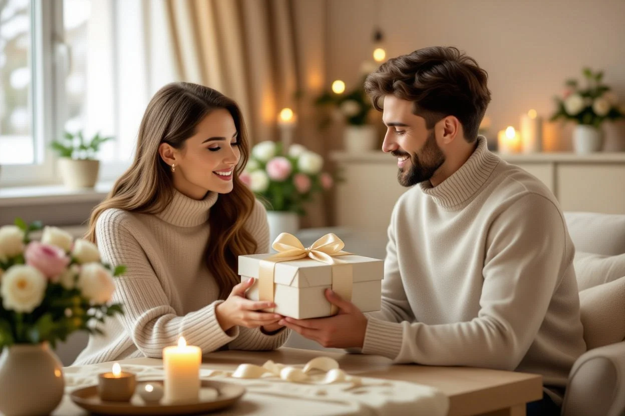 Couple reconciling with thoughtful gift exchange in romantic home setting