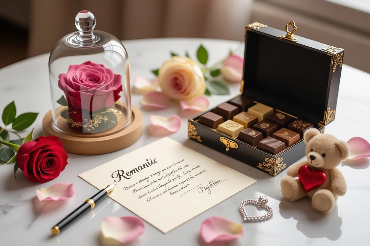 Romantic apology gifts arranged beautifully including preserved flowers and jewelry