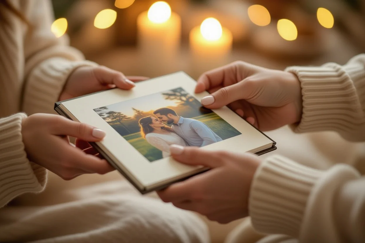 Intimate moment of exchanging personalized memory book as reconciliation gift
