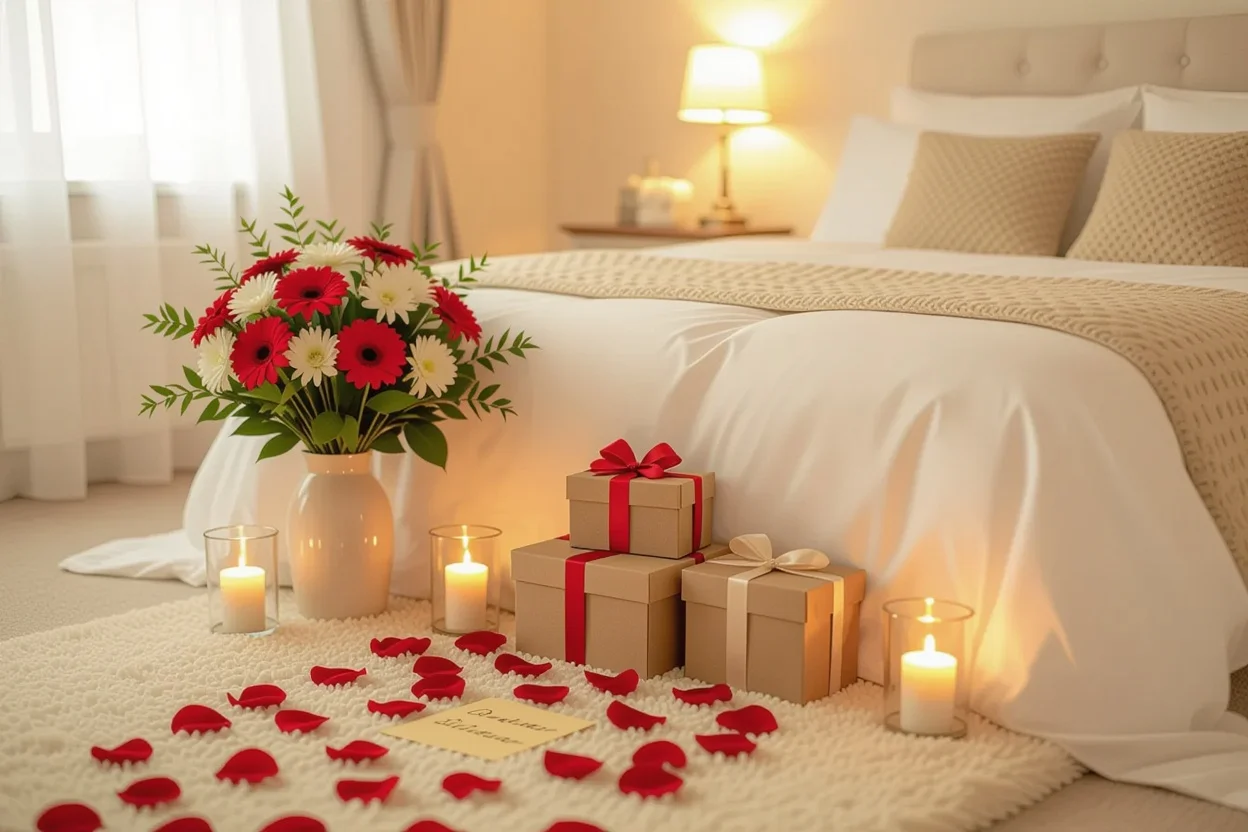 Romantic reconciliation surprise setup with flowers, gifts, and candlelight