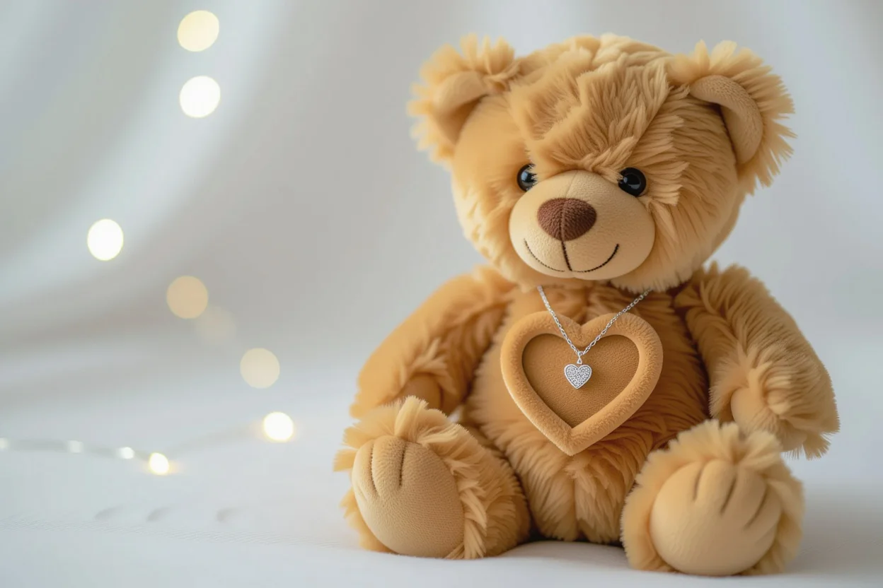 Surprise teddy bear with hidden heart necklace friendship gift on white background