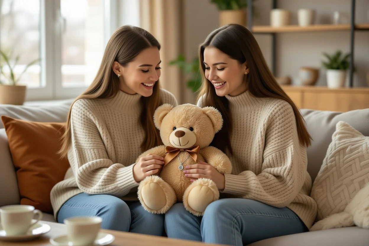 Best friends sharing surprise teddy bear gift moment on couch, friendship gift exchange