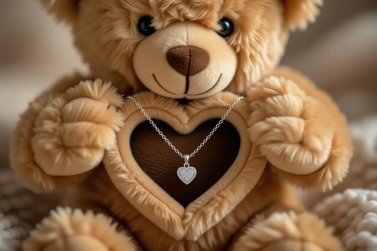 Close-up of hands revealing hidden silver necklace from inside surprise teddy bear gift