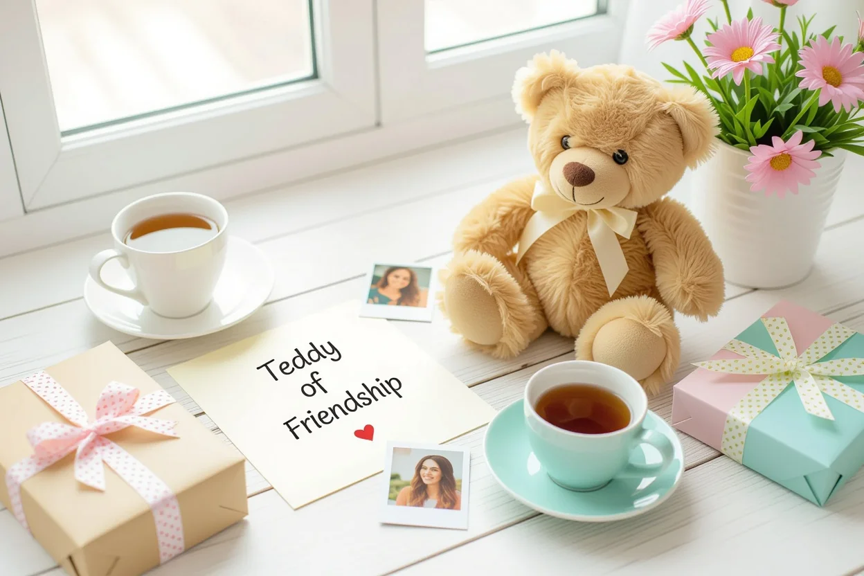 Flat lay of surprise teddy bear gift with friendship items, flowers, and photos on wooden table