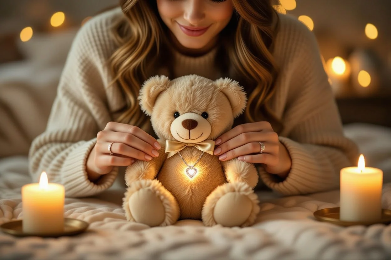 Woman discovering hidden necklace surprise in romantic teddy bear gift