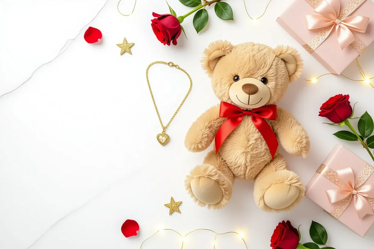 Romantic Valentine's Day gift flat lay with teddy bear and necklace surprise