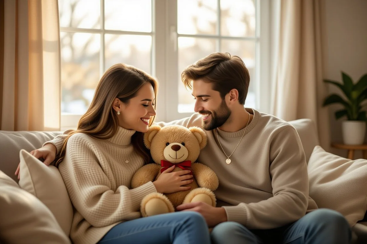 Happy couple enjoying romantic teddy bear gift with hidden necklace surprise
