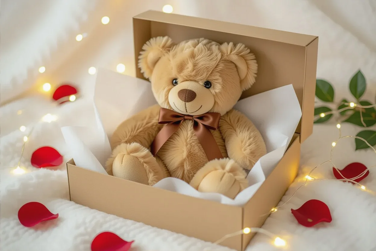 Mountova Pro teddy bear in elegant gift box with romantic presentation and rose petals