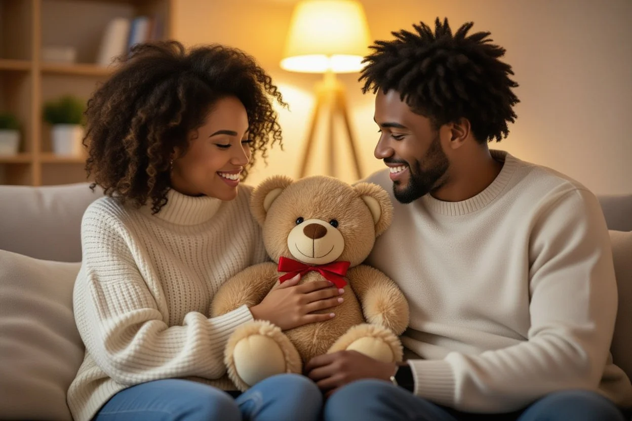 Happy couple sharing romantic gift moment with thoughtful teddy bear surprise