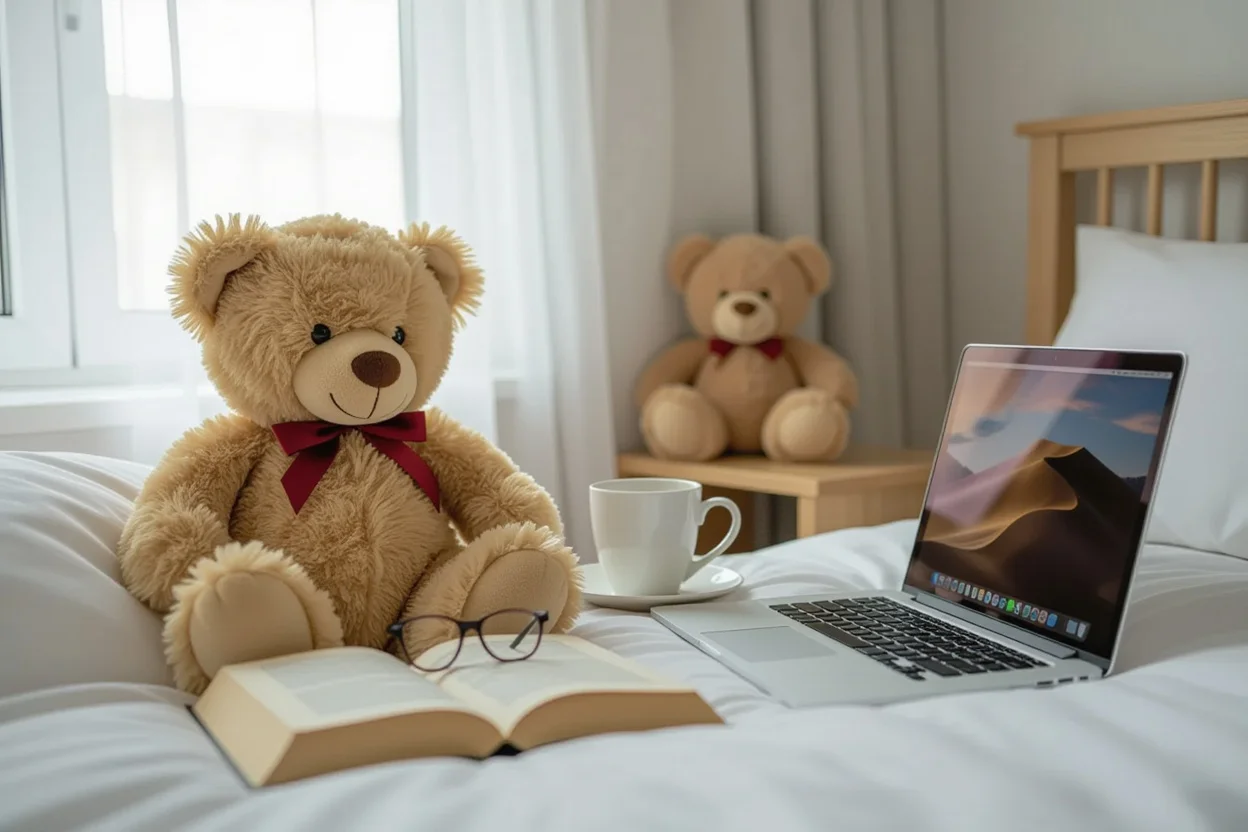 Teddy bear integrated into daily life on bedside table showing lasting thoughtful gift