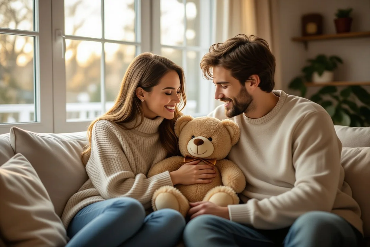 Couple sharing romantic moment with teddy bear gift for her everyday surprise