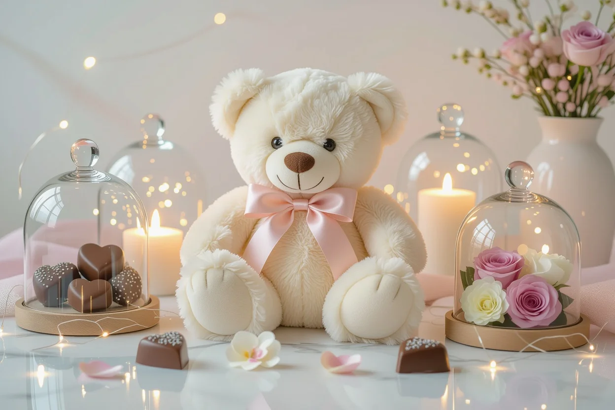 Romantic gift set with teddy bear and preserved flowers for Valentine's Day gifts