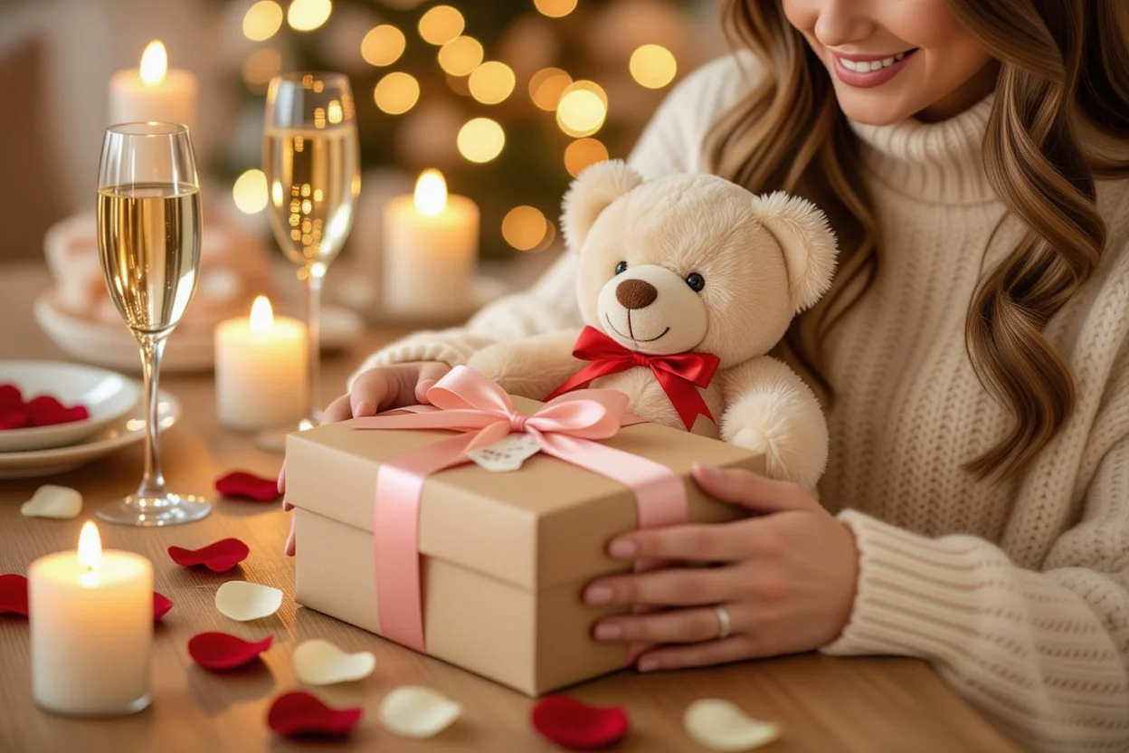 Romantic gift giving moment couple exchanging teddy bear with preserved flowers