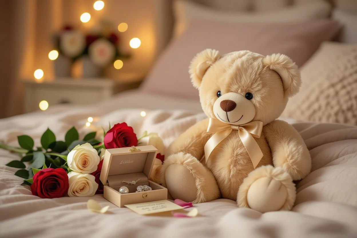 Romantic teddy bear gift with hidden surprise compartment containing jewelry and preserved flowers