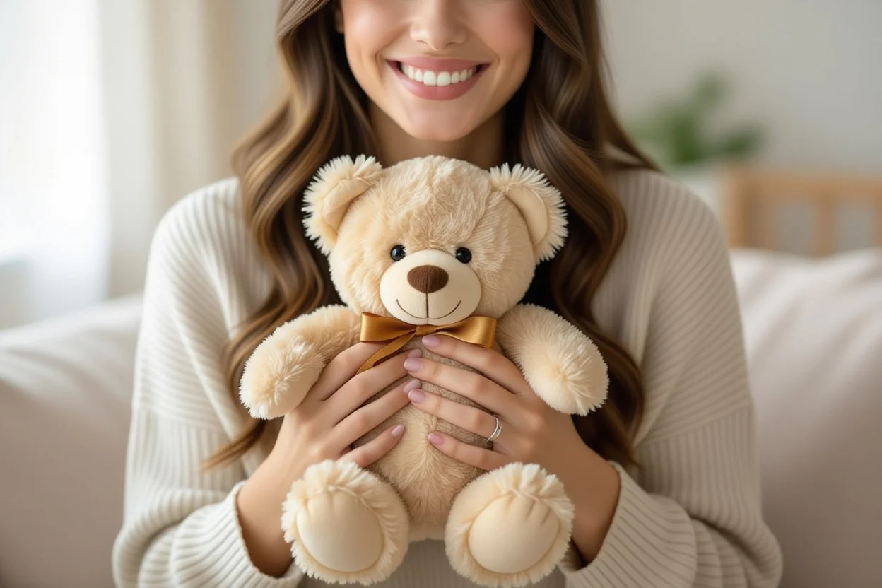 Woman cherishing teddy bear gift in everyday moment showing romantic gesture appreciation