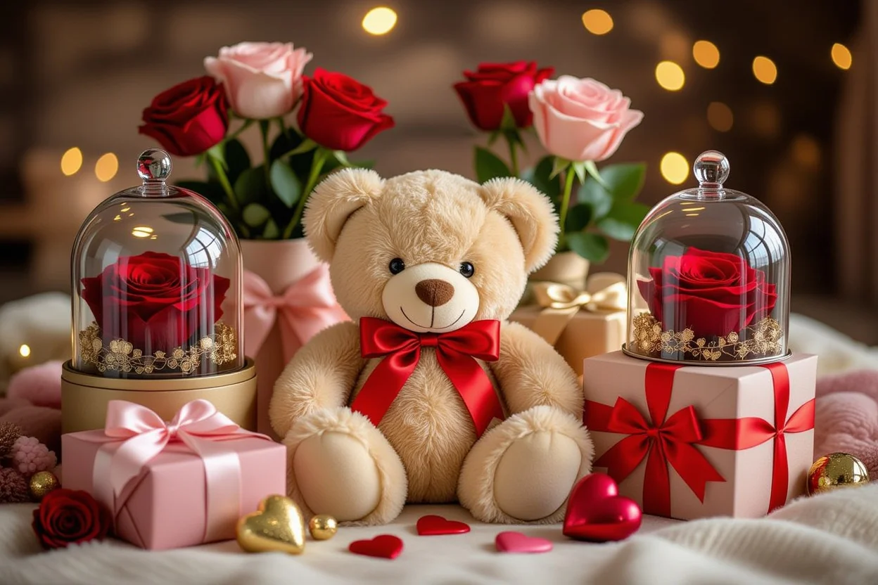 Valentine's Day romantic gift arrangement with teddy bear and preserved roses for her