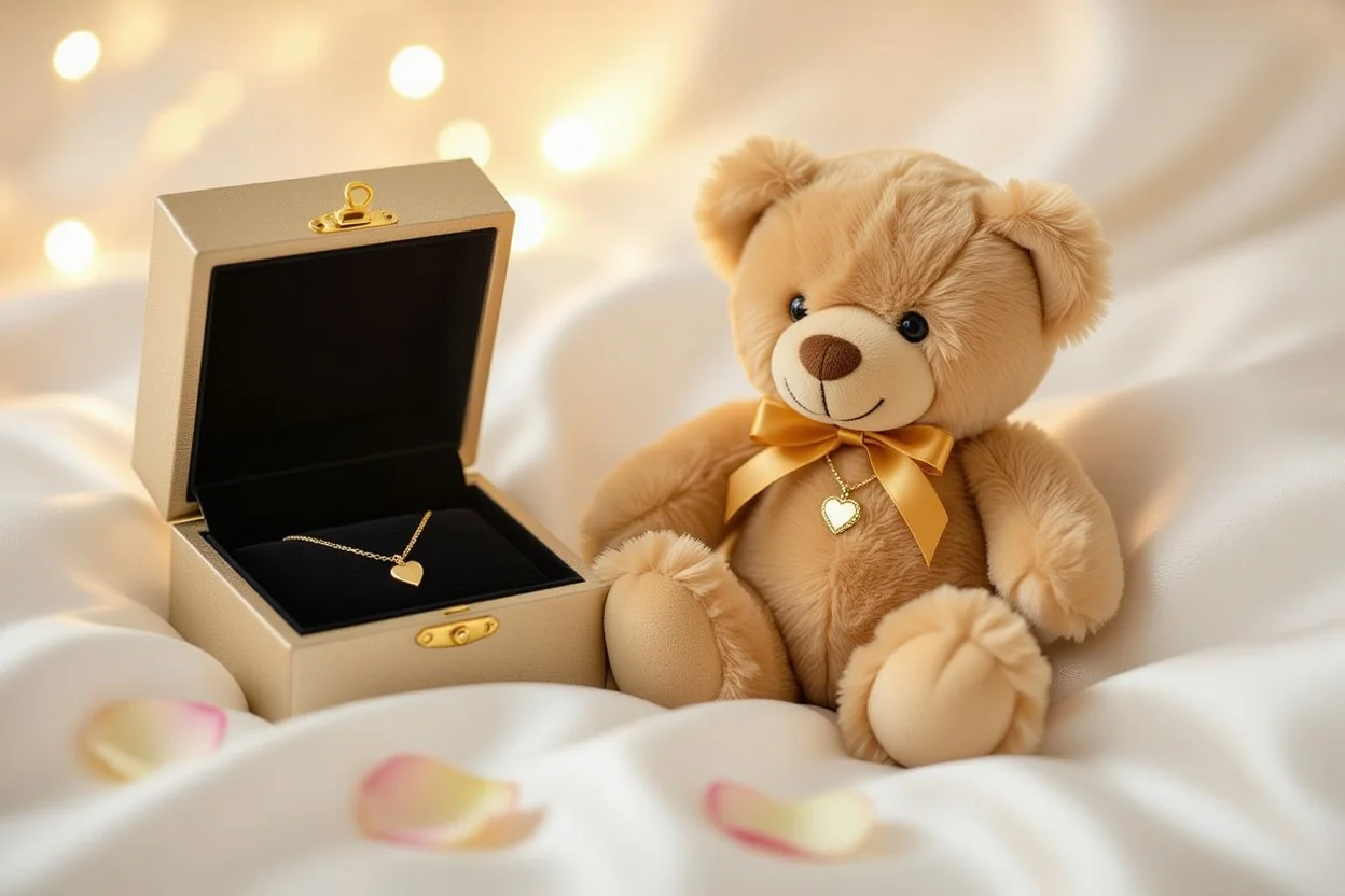 Surprise teddy bear gift with hidden 18k gold necklace romantic present