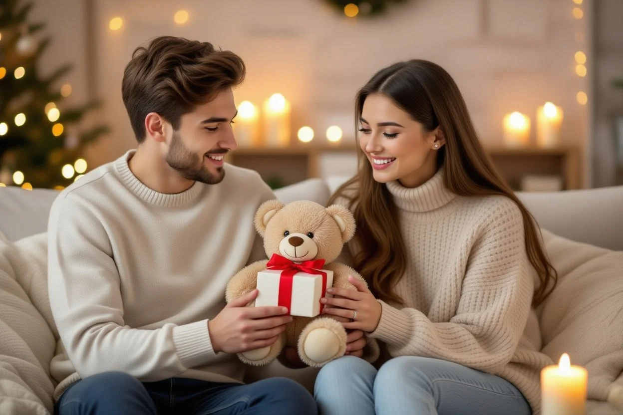 Couple romantic gift giving moment with surprise teddy bear present