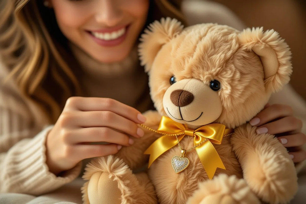 Woman discovering hidden gold necklace surprise inside teddy bear gift