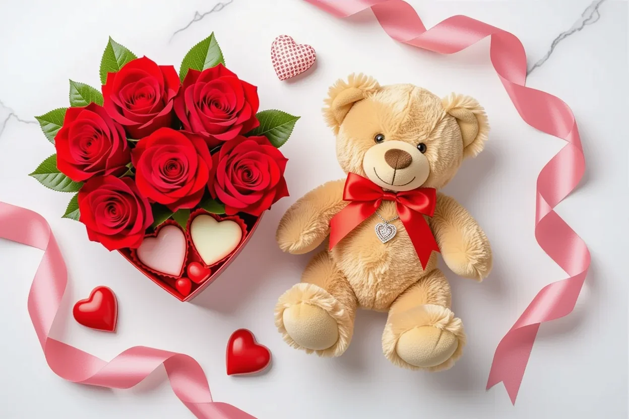 Valentine's Day romantic gift arrangement with surprise teddy bear and gold necklace
