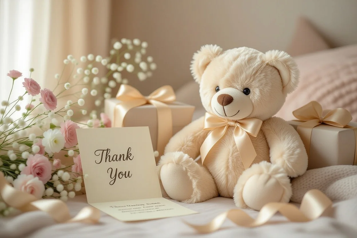 Elegant teddy bear gift with preserved flowers and thank you note for friendship and family gifts
