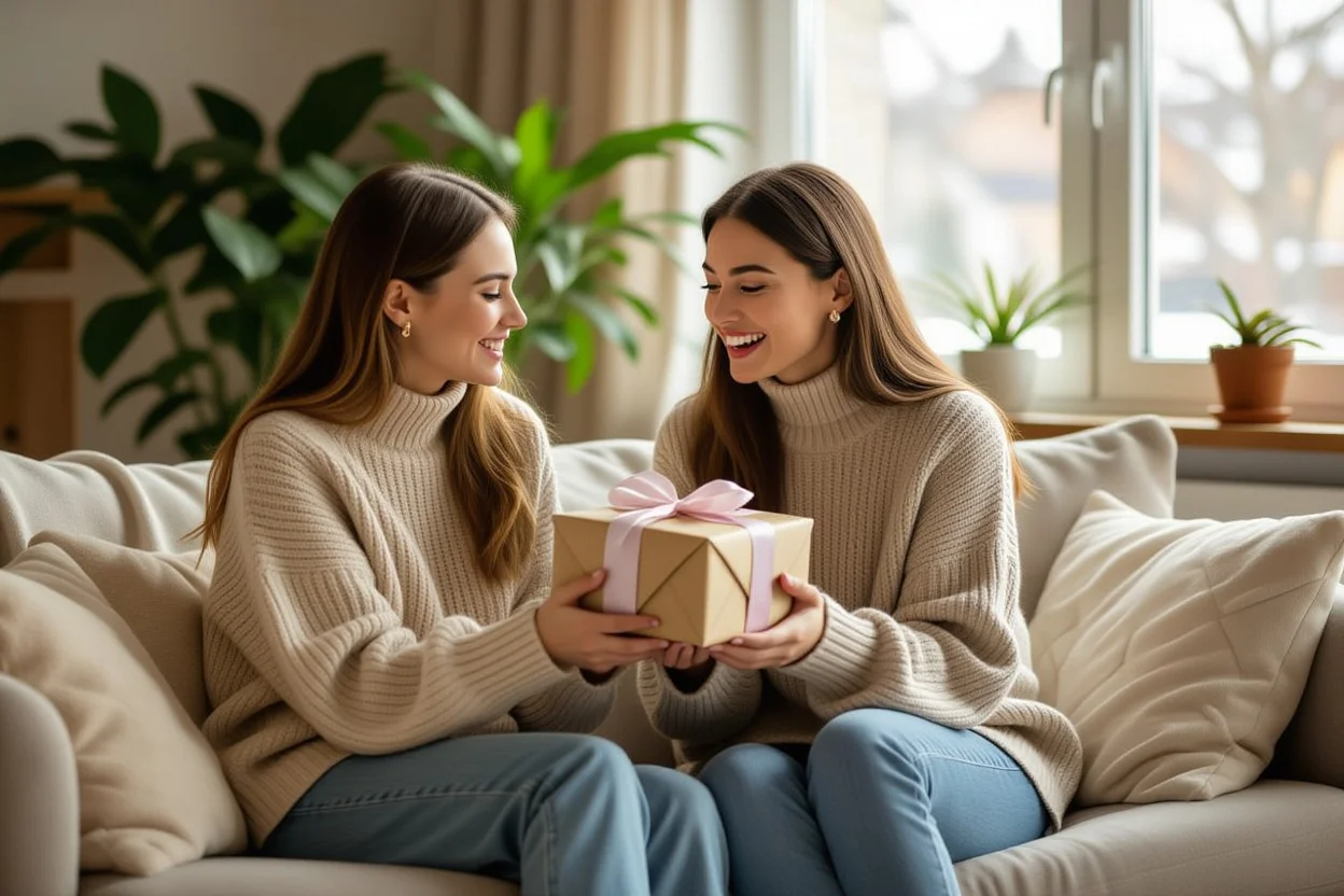 Friends exchanging thoughtful gifts showing appreciation and gratitude in cozy home setting
