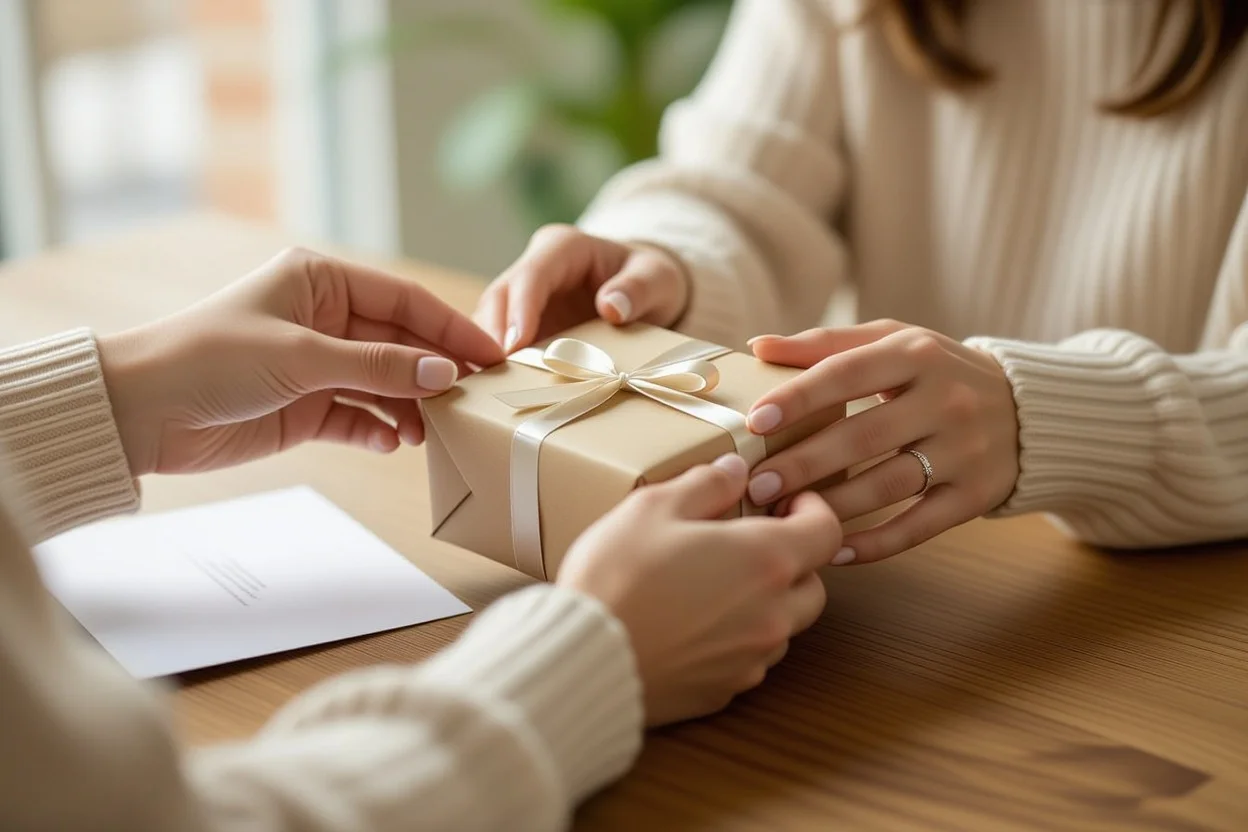 Surprise gift being placed thoughtfully showing everyday appreciation and gratitude gesture