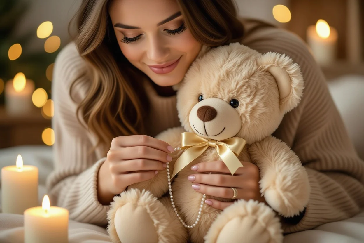 Woman discovering hidden necklace inside romantic teddy bear gift