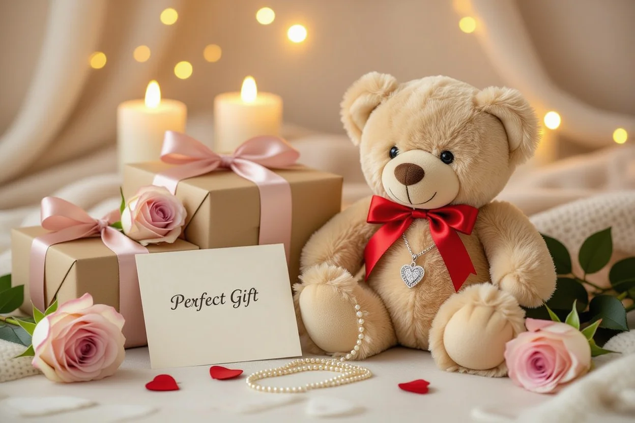 Perfect romantic gift setup with teddy bear and hidden necklace for special occasions