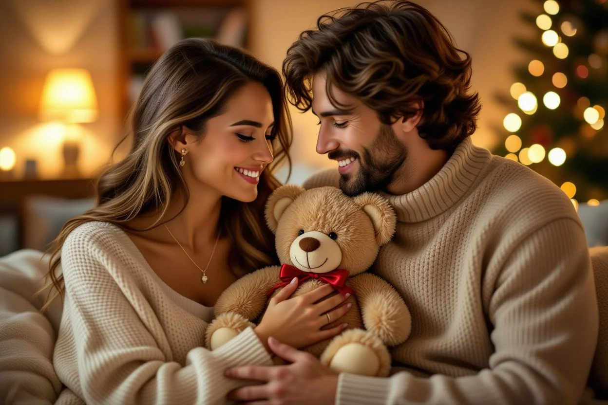 Happy couple sharing romantic moment with teddy bear necklace surprise gift