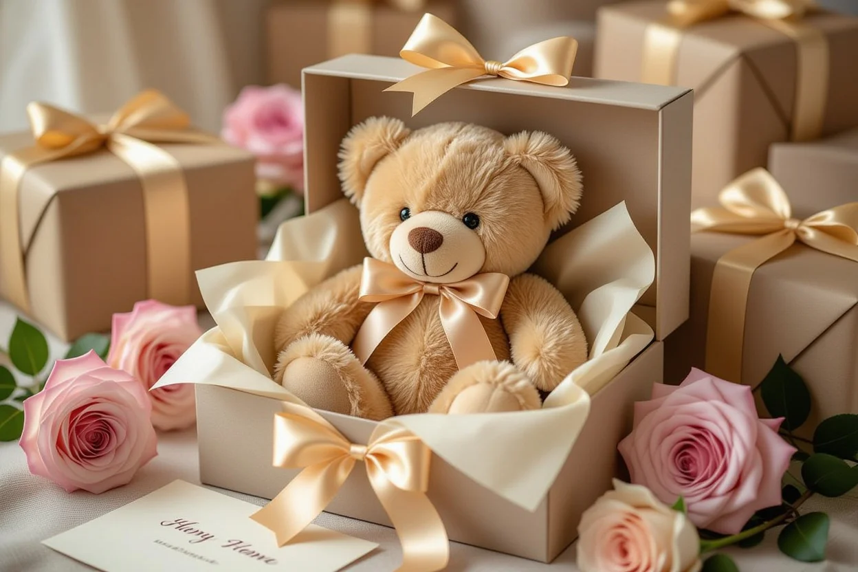 Elegant teddy bear gift in decorative box with preserved roses and ribbon