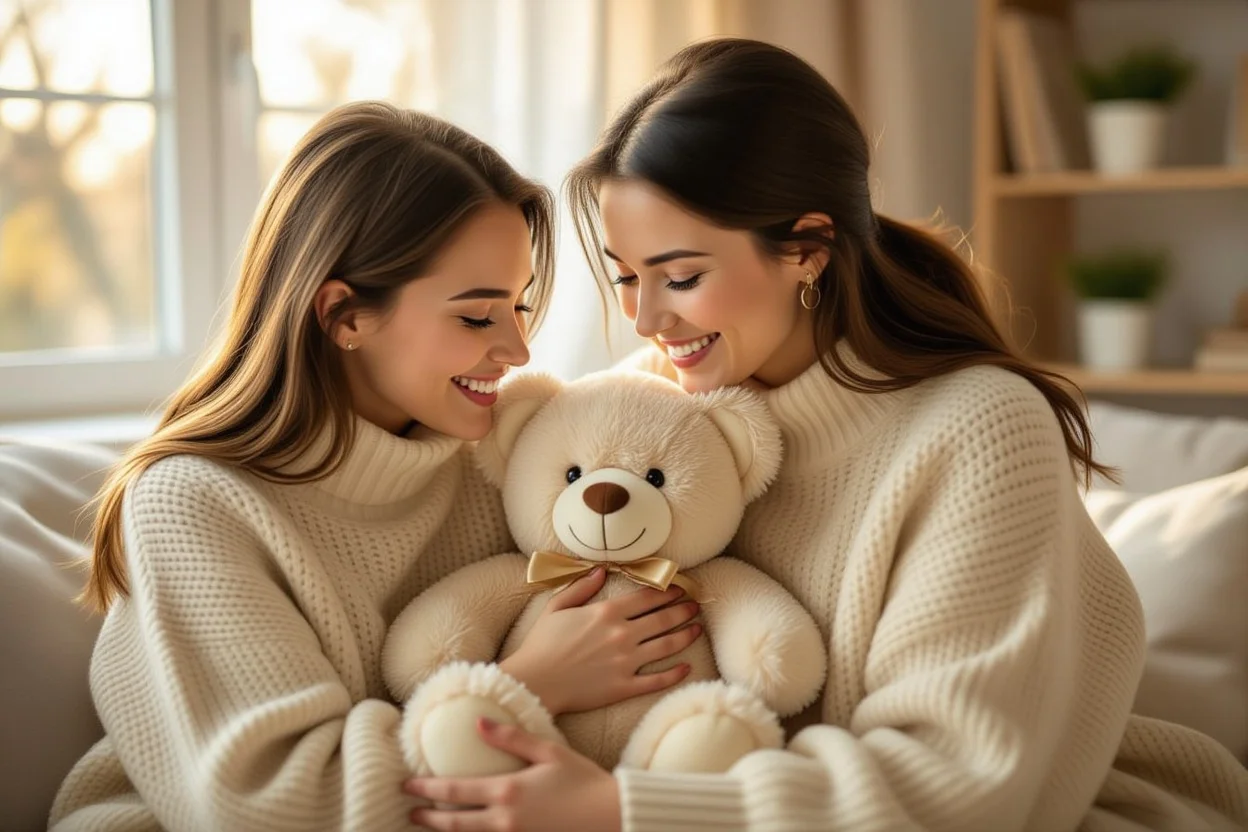 Mother and daughter sharing emotional moment with thoughtful teddy bear gift