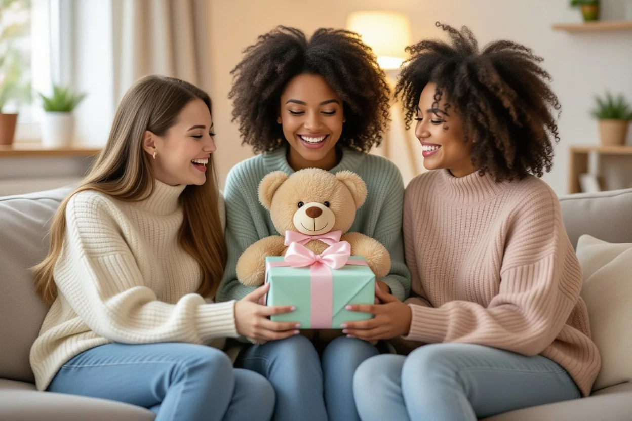 Best friends celebrating with surprise teddy bear gift showing friendship and appreciation