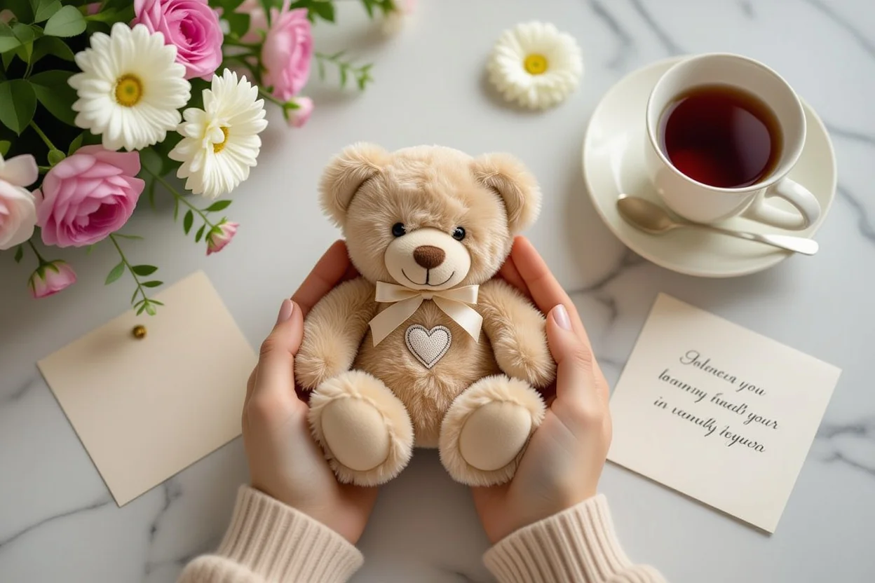 Hands holding premium teddy bear with flowers and card showing thoughtful gift giving