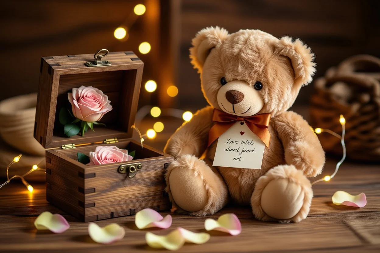 Teddy bear with hidden compartment containing preserved rose and love note - romantic surprise gift