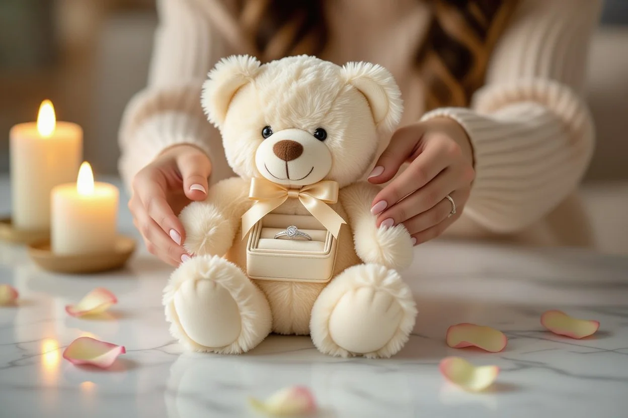 Romantic gift presentation of teddy bear with hidden jewelry surprise for loved one