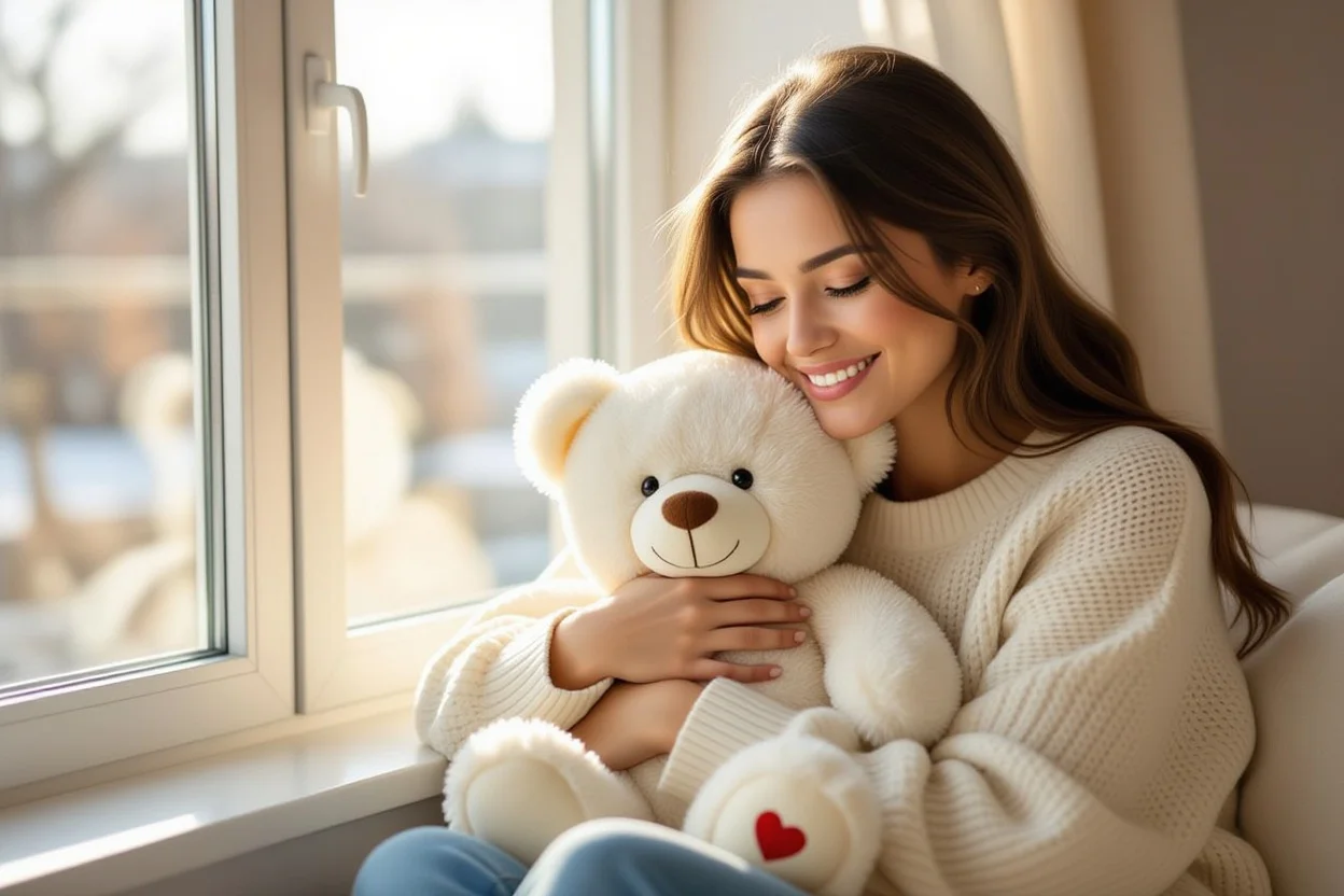 Woman finding comfort and joy with surprise teddy bear gift by window
