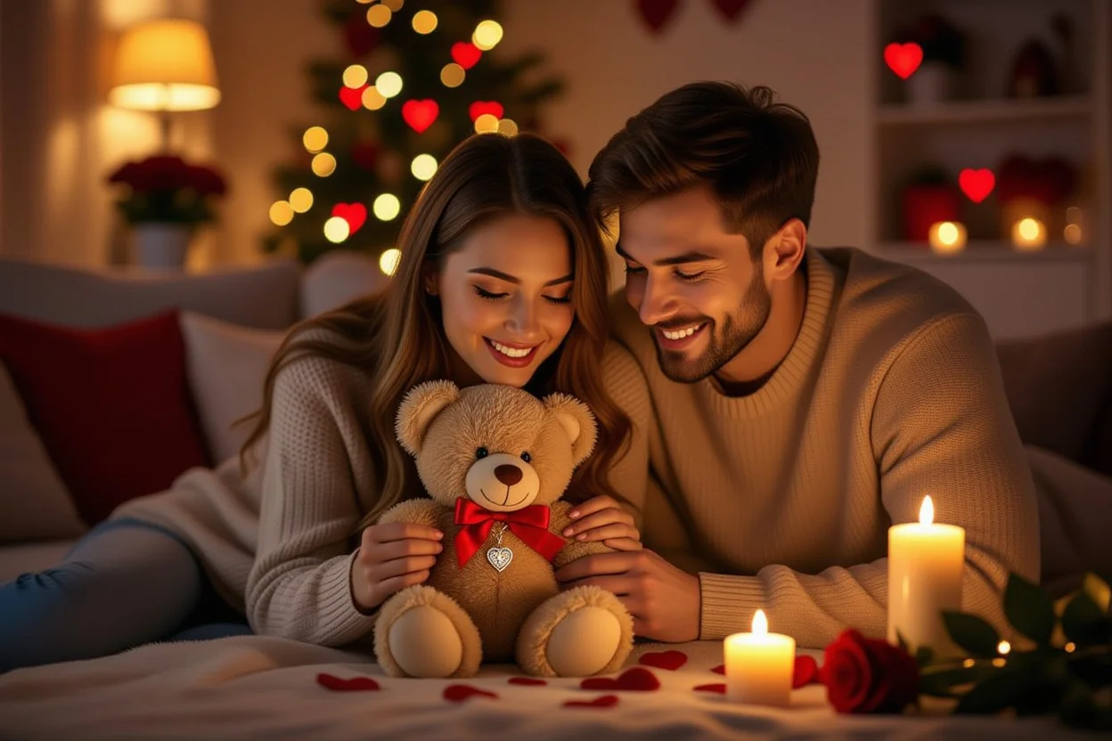 Couple discovering hidden necklace surprise in romantic teddy bear gift on Valentine's Day