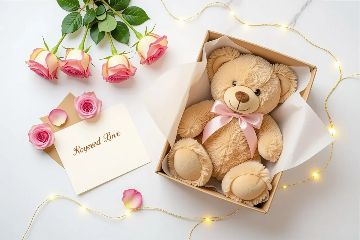 Romantic gift set with teddy bear surprise necklace and preserved flowers anniversary gifts