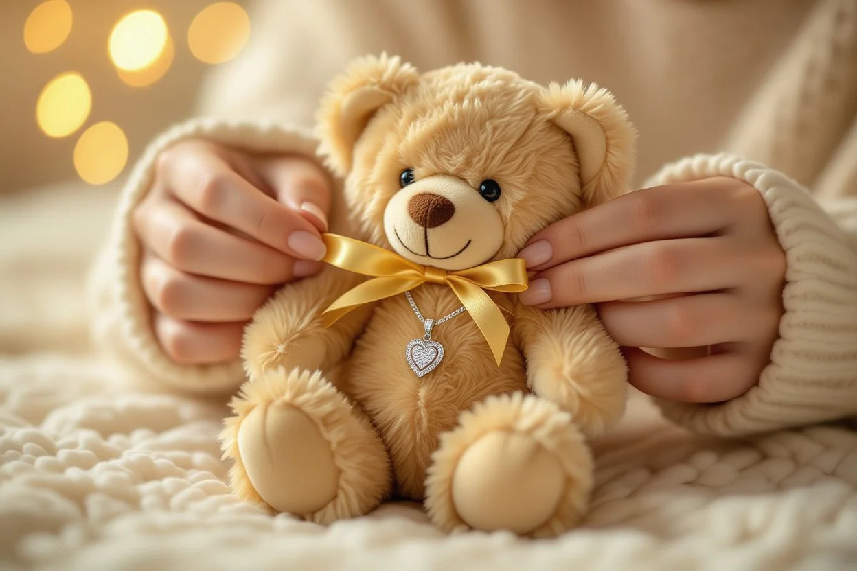 Hidden necklace compartment in teddy bear showing unique romantic gift surprise mechanism