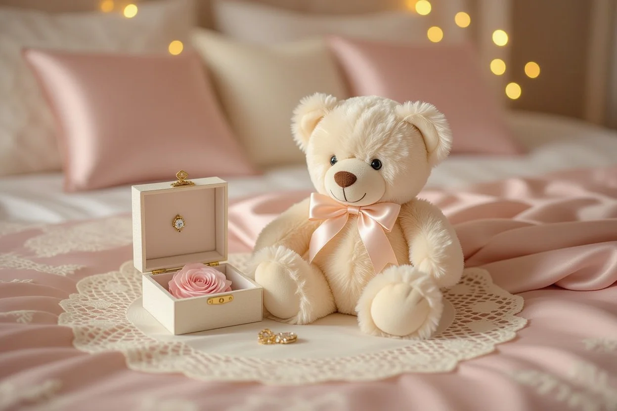 Romantic teddy bear gift with hidden surprise compartment containing preserved rose