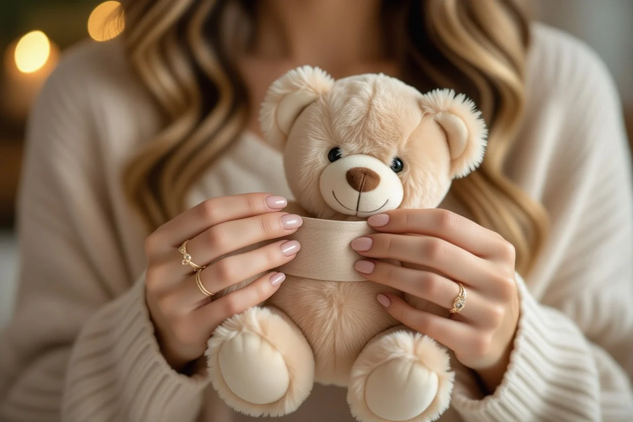 Woman discovering hidden surprise in thoughtful teddy bear gift
