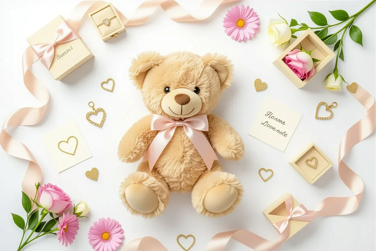 Romantic gift flat lay with teddy bear and thoughtful surprise elements