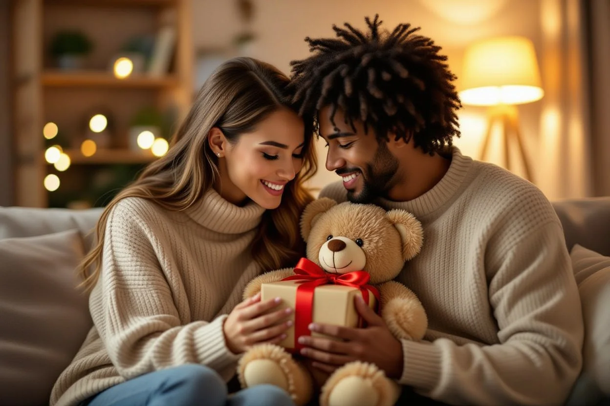 Couple sharing romantic moment during thoughtful teddy bear gift exchange