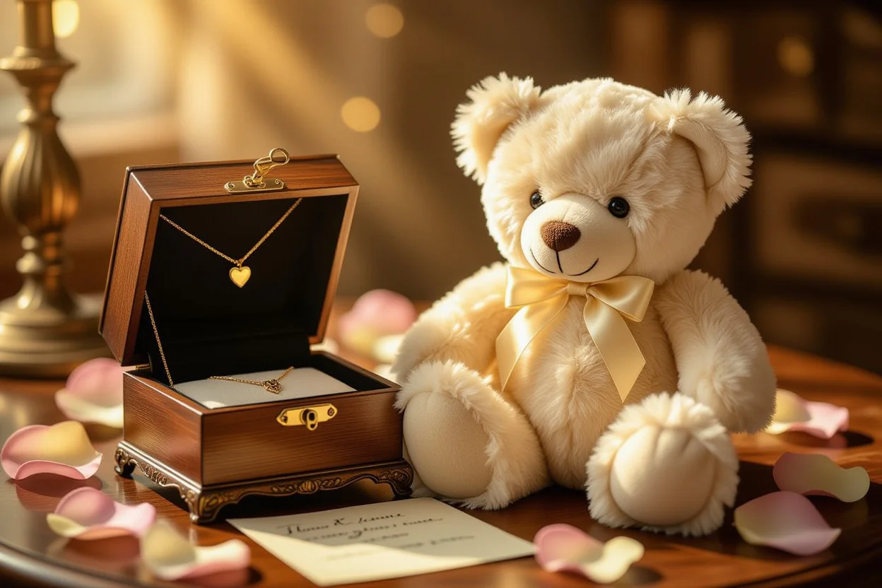 Romantic teddy bear with hidden jewelry compartment containing heart necklace surprise gift