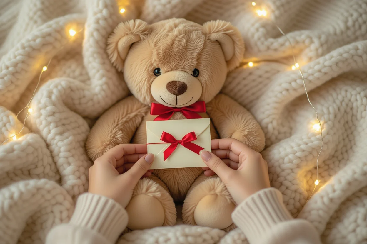 Hands opening hidden compartment in teddy bear revealing secret love letter romantic surprise