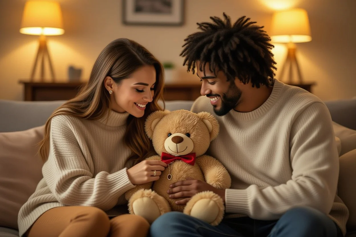 Couple sharing romantic moment discovering hidden key surprise in teddy bear gift