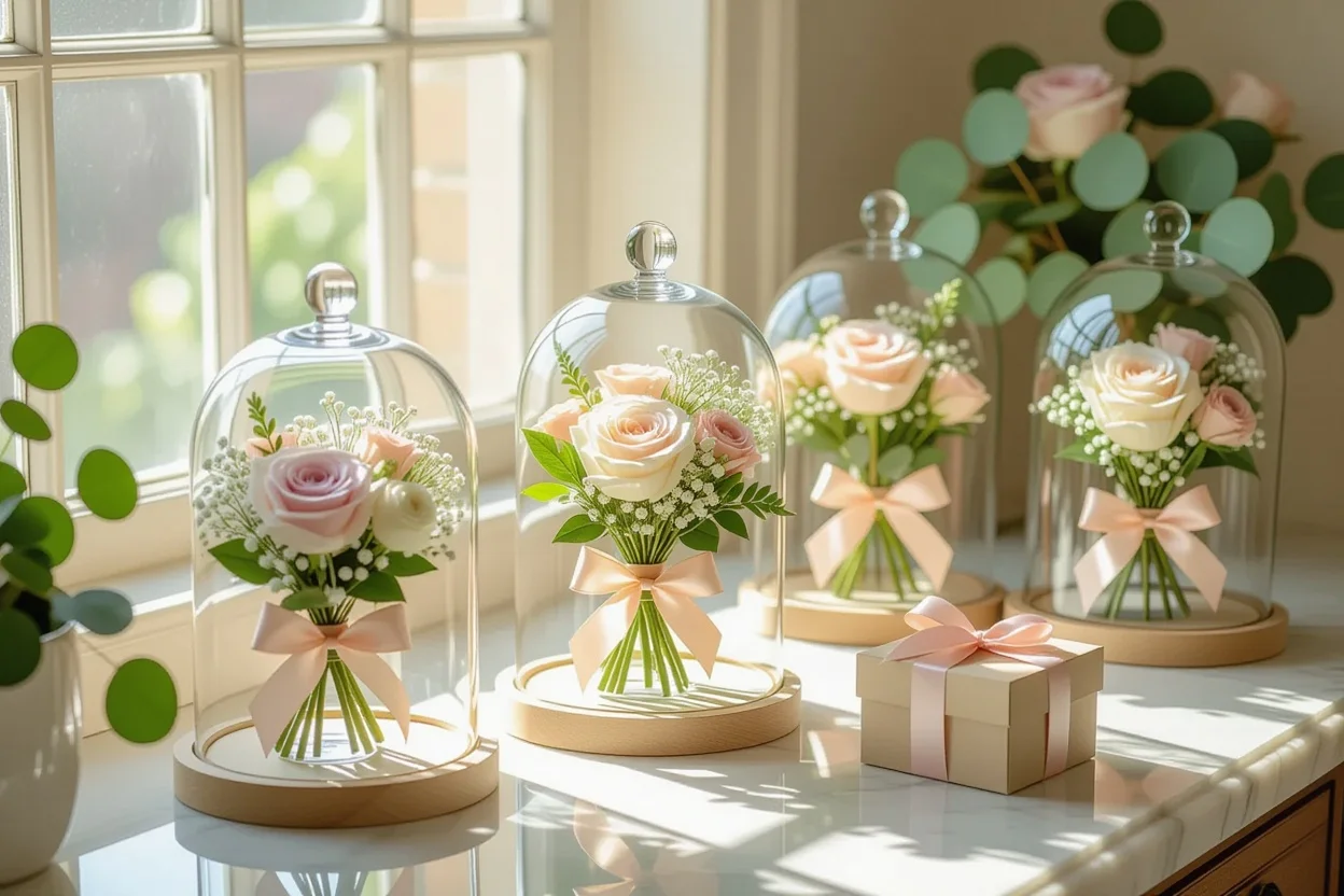 Preserved flowers in glass displays as romantic gifts for her