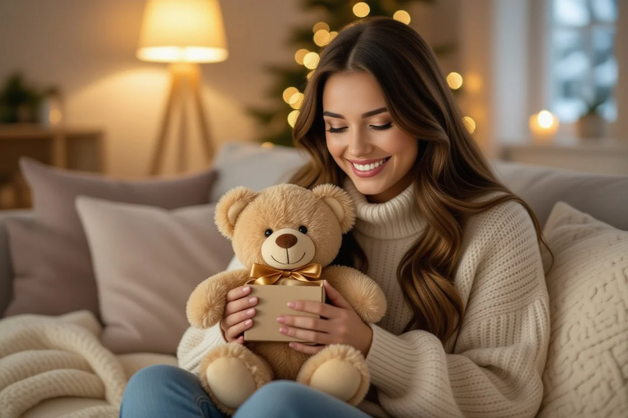 Woman receiving meaningful teddy bear surprise gift with hidden compartment